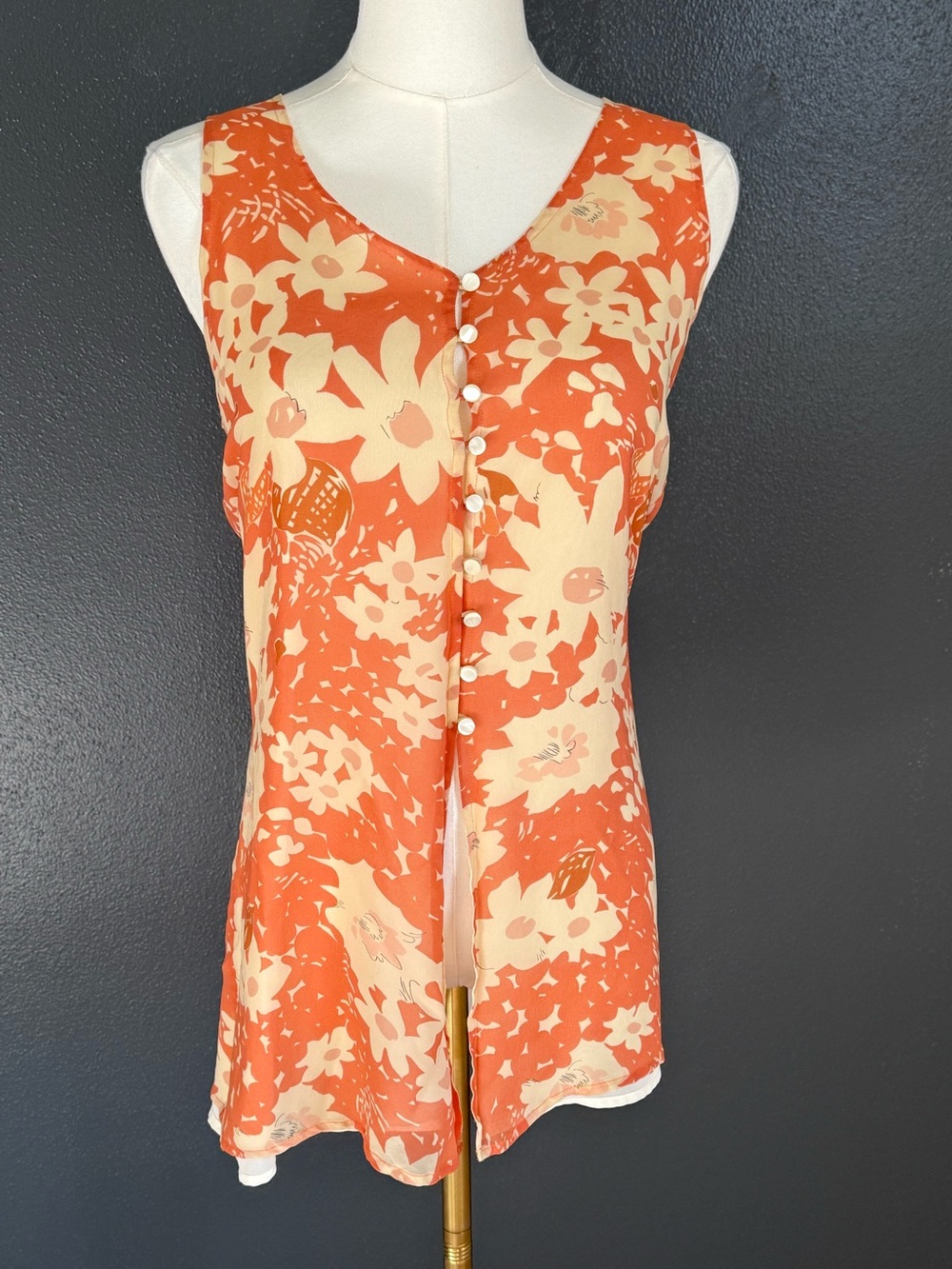 Floral Button-Front Orange and Cream V-Neck Camisole